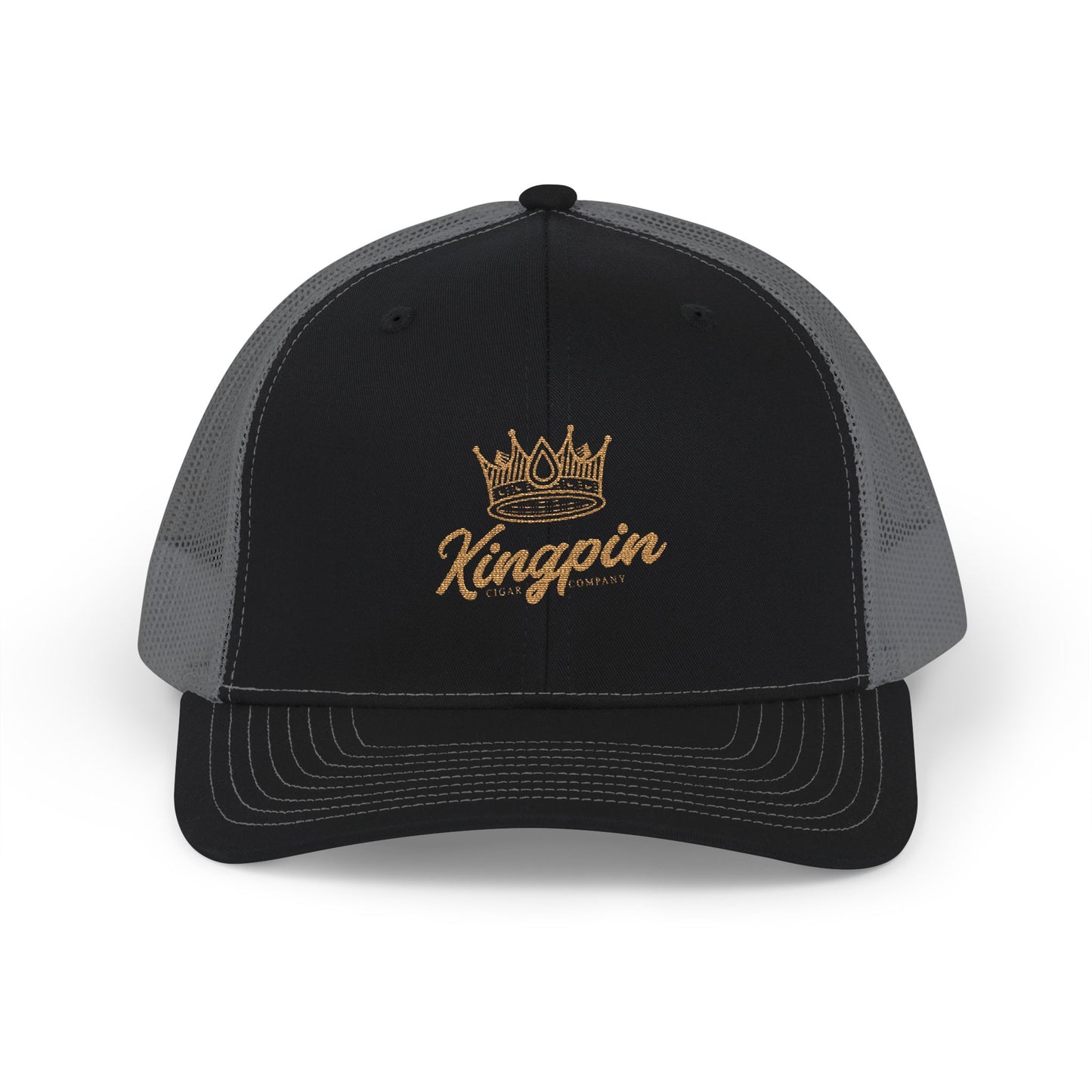 Kingpin Crown Snapback Trucker Cap — Embroidered Gold Script Mesh Hat