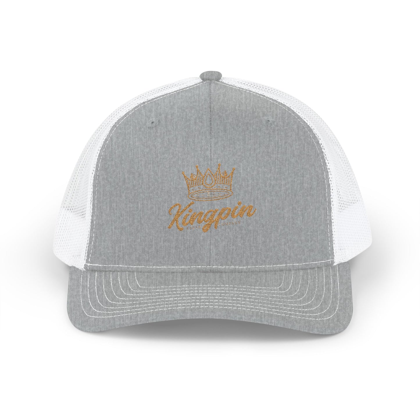 Kingpin Crown Snapback Trucker Cap — Embroidered Gold Script Mesh Hat