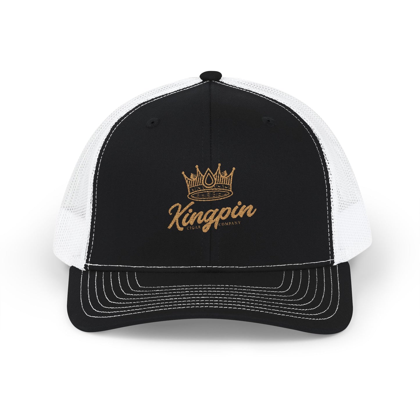Kingpin Crown Snapback Trucker Cap — Embroidered Gold Script Mesh Hat