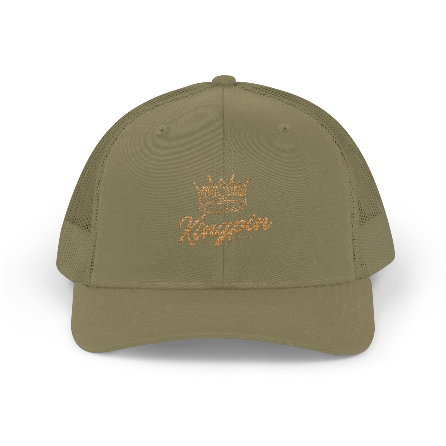 Kingpin Crown Snapback Trucker Cap — Embroidered Gold Script Mesh Hat