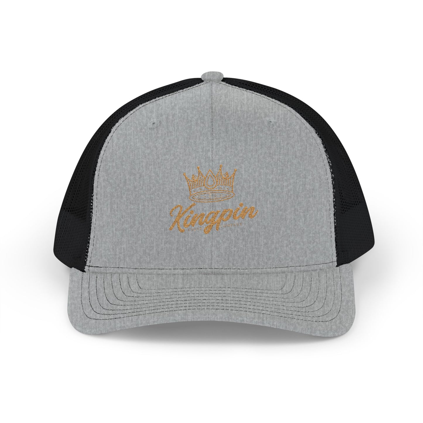 Kingpin Crown Snapback Trucker Cap — Embroidered Gold Script Mesh Hat