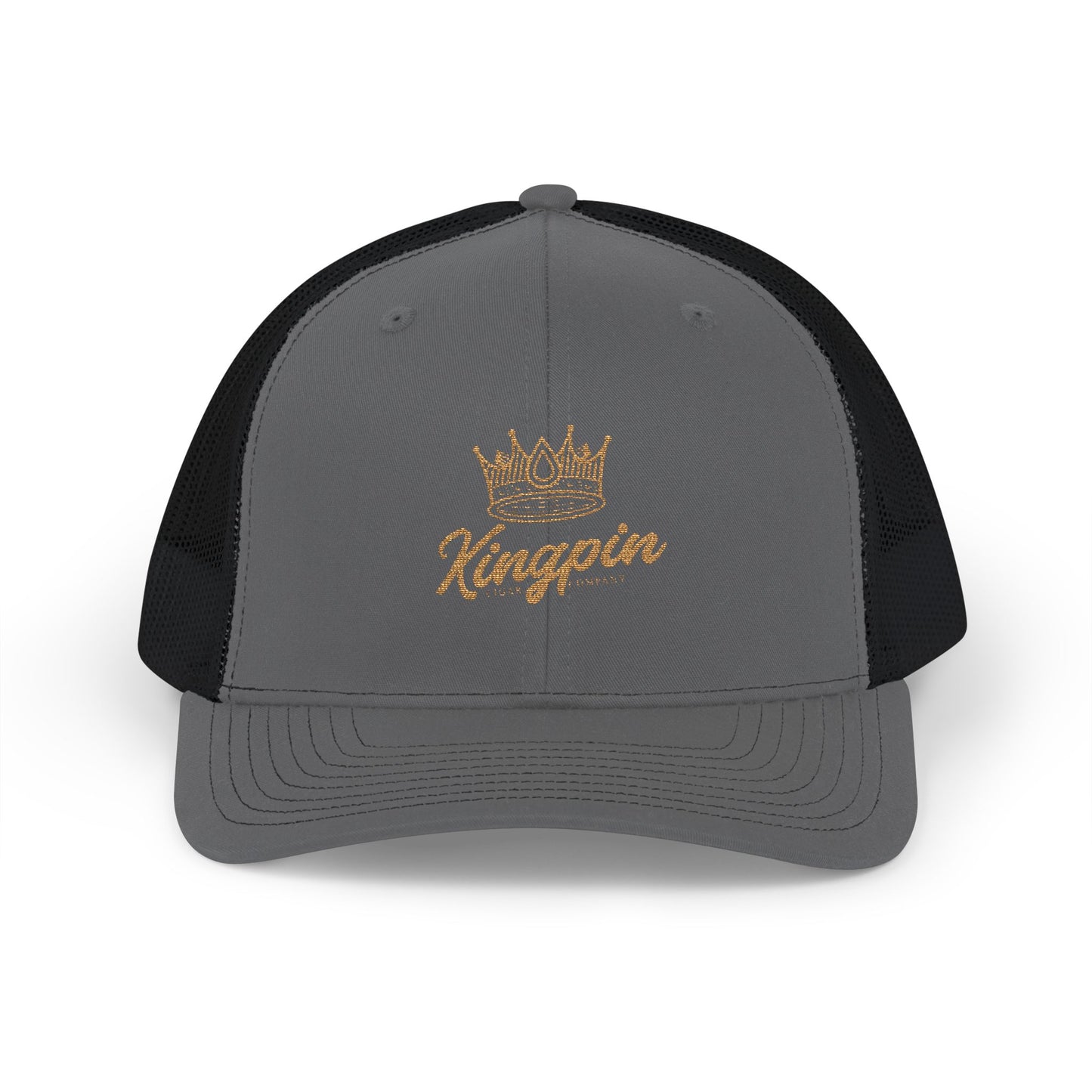 Kingpin Crown Snapback Trucker Cap — Embroidered Gold Script Mesh Hat
