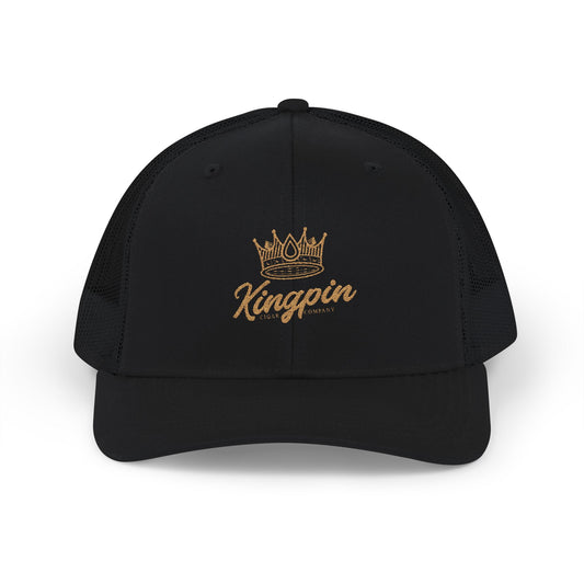 Kingpin Crown Snapback Trucker Cap — Embroidered Gold Script Mesh Hat